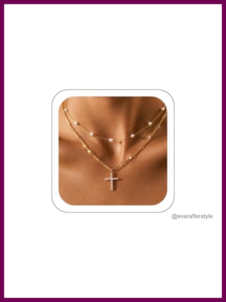 14k Gold Plated Layered Cross & Pearl Pendant Necklace Adjustable Choker